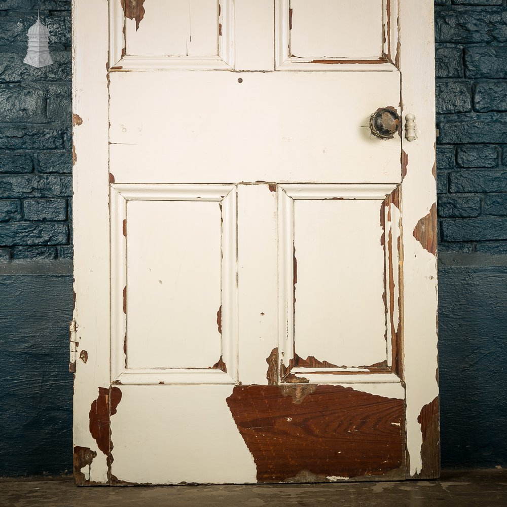 Moulded 6-Panel Door, Original Hardware, Distressed White Paint and Faux Woodgrain