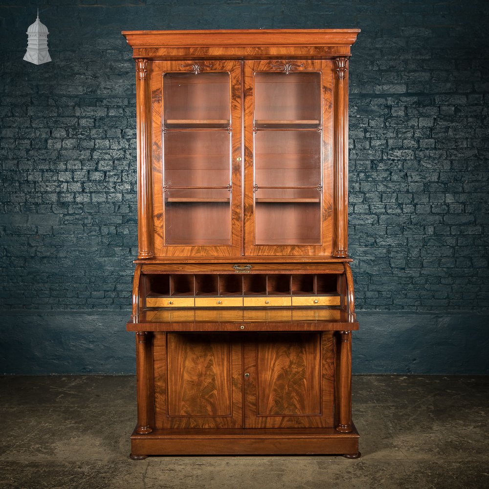 19th C Flame Mahogany Barrel Front Glazed Bureau Cabinet