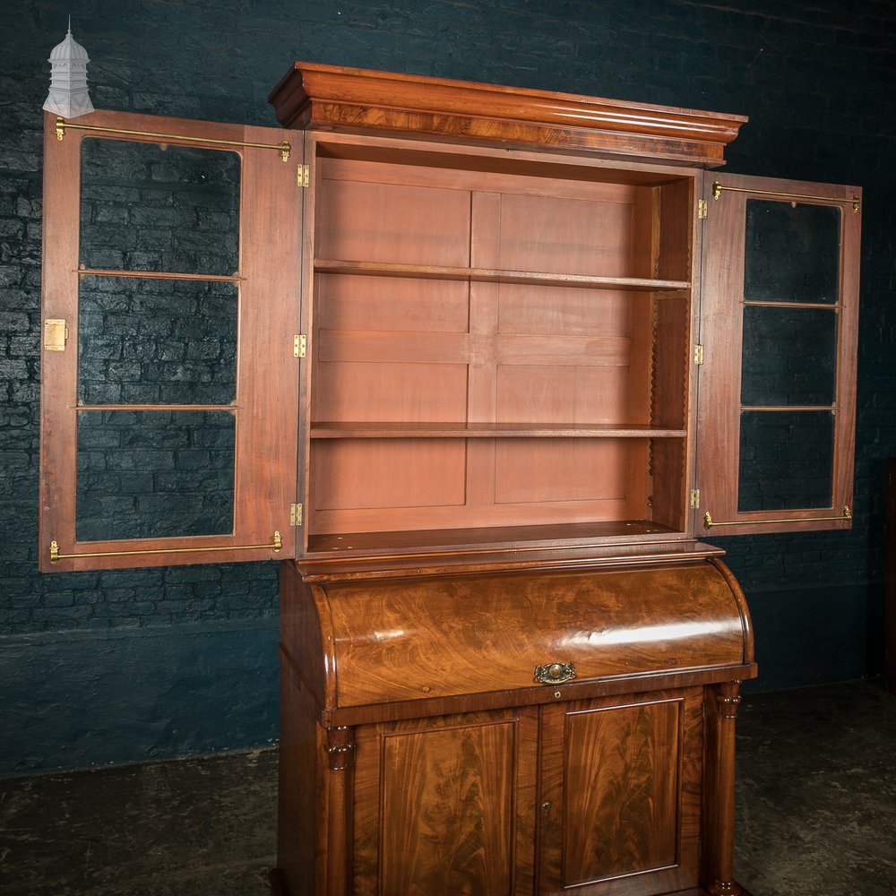 19th C Flame Mahogany Barrel Front Glazed Bureau Cabinet