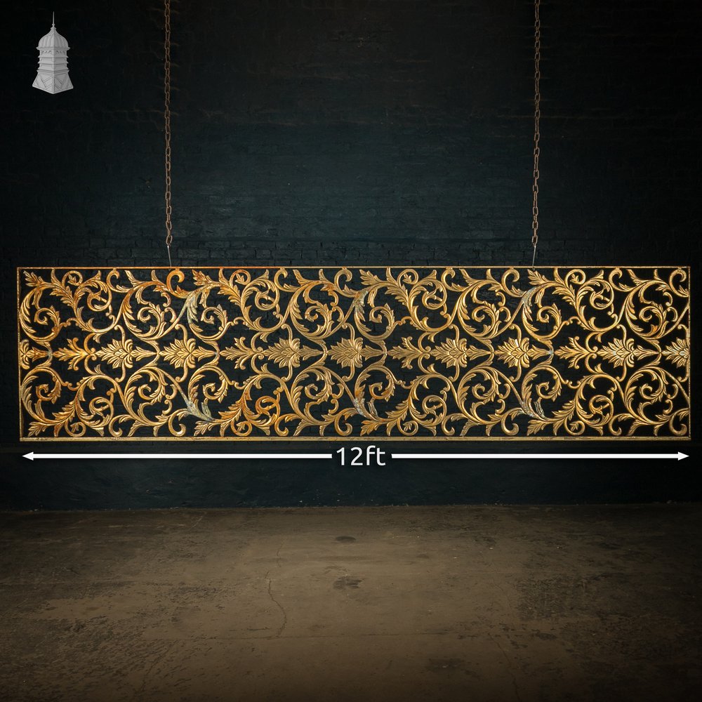 12ft Decorative Screen, Cast Metal – Ornate Gold Leaf & Vine Design