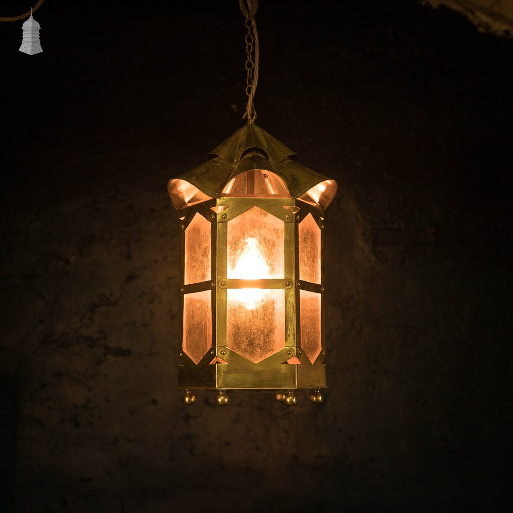 Glazed Brass Lantern, Early 20th C With Textured Coloured Glass