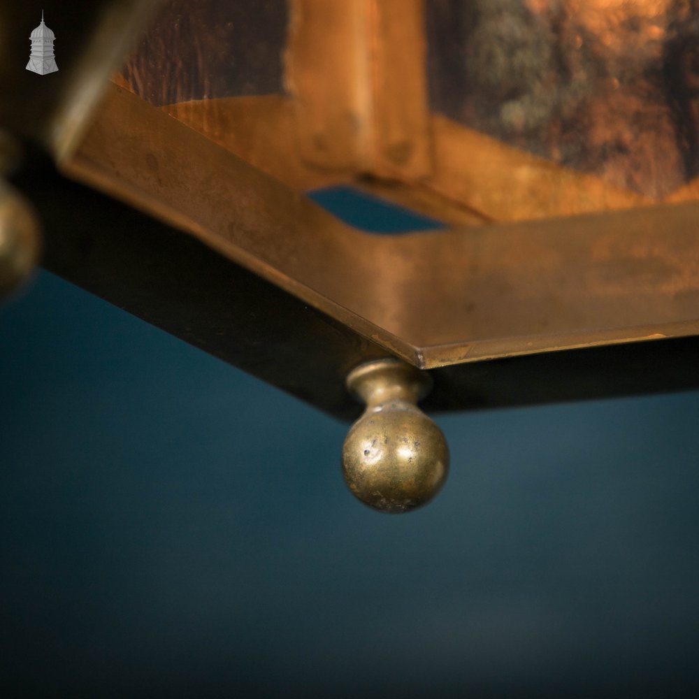 Glazed Brass Lantern, Early 20th C With Textured Coloured Glass