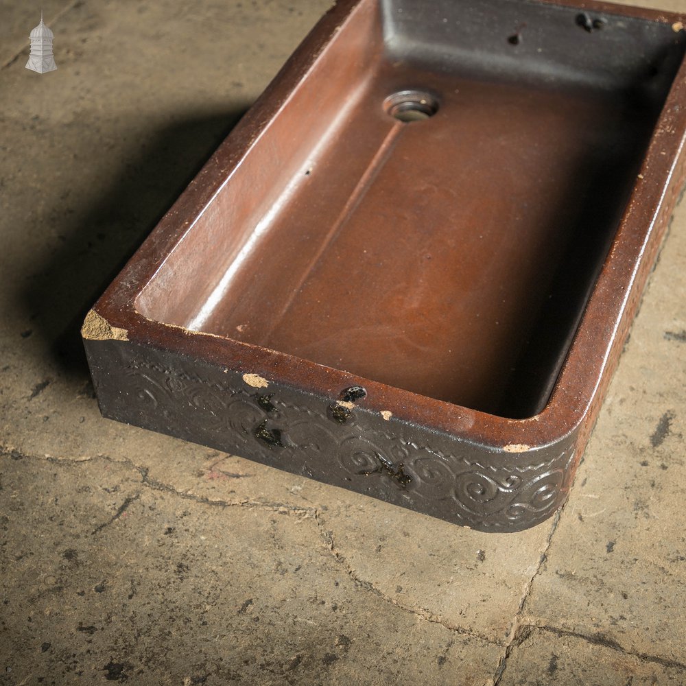 Shallow Trough Sink, 19th C Salt Glazed, Left Hand Return with Decorative Floral Design