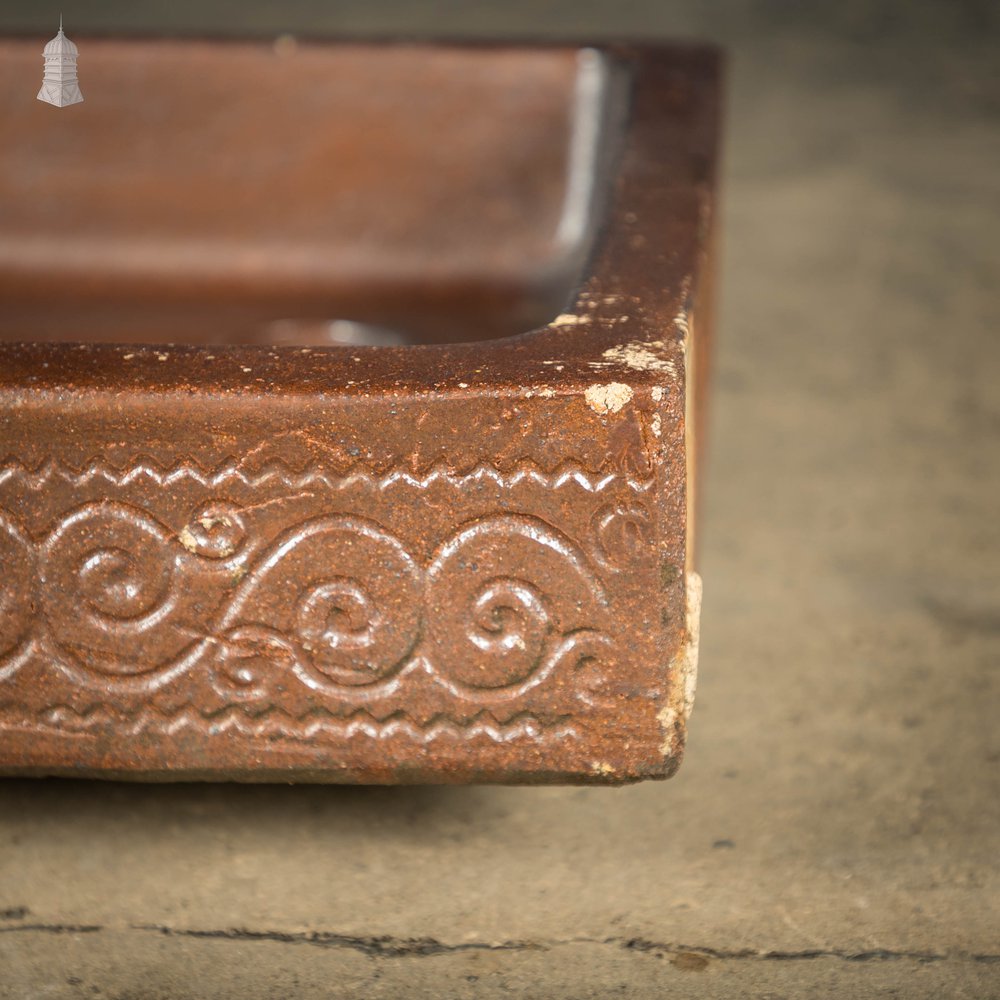 Shallow Trough Sink, 19th C Salt Glazed, Left Hand Return with Decorative Floral Design