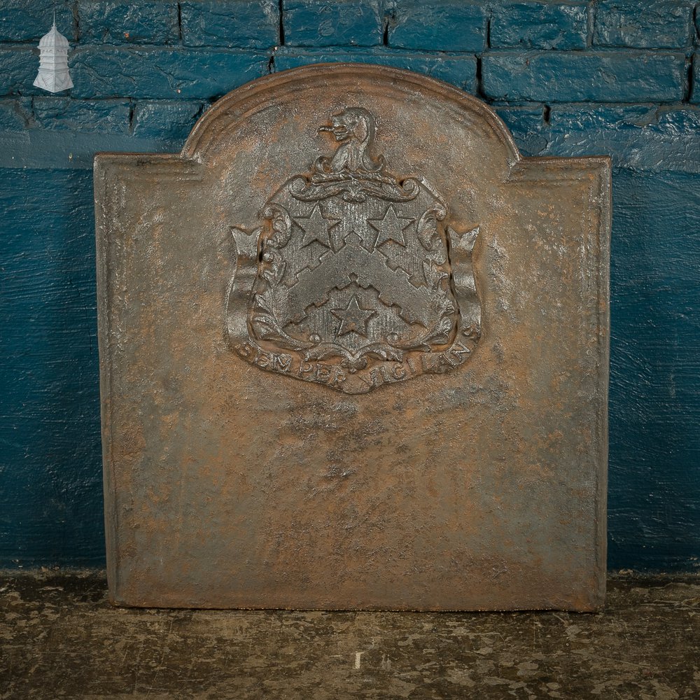 Cast Iron Fire Back With Decorative Coat of Arms - 'Semper Vigilans'