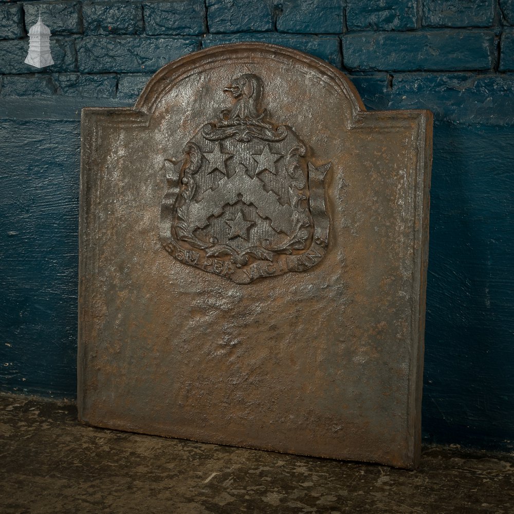 Cast Iron Fire Back With Decorative Coat of Arms - 'Semper Vigilans'