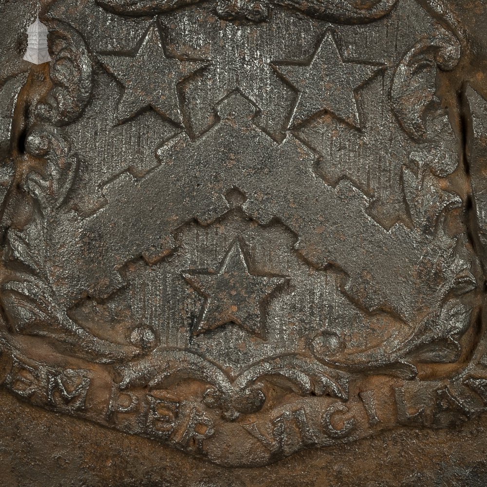 Cast Iron Fire Back With Decorative Coat of Arms - 'Semper Vigilans'