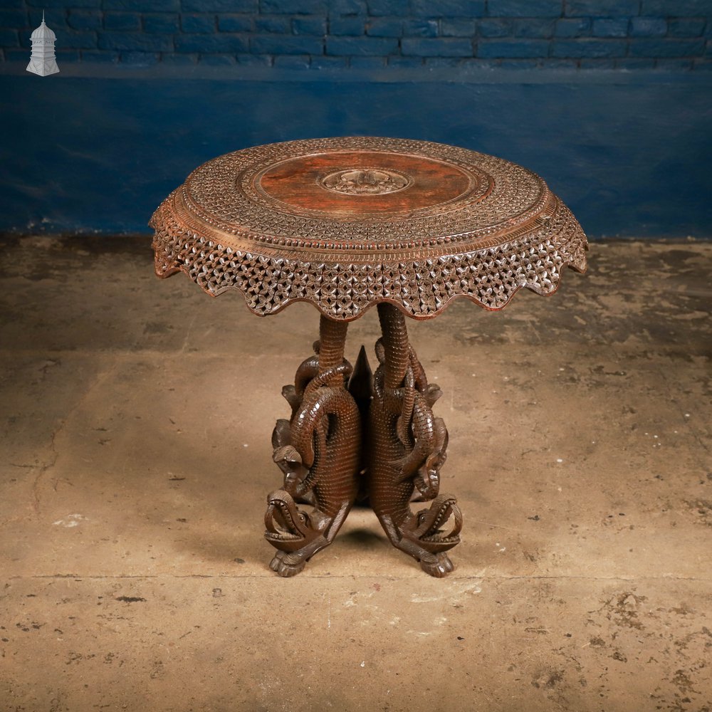 Carved Burmese Side Table, Serpent Base with Pierced Floral Circular Top