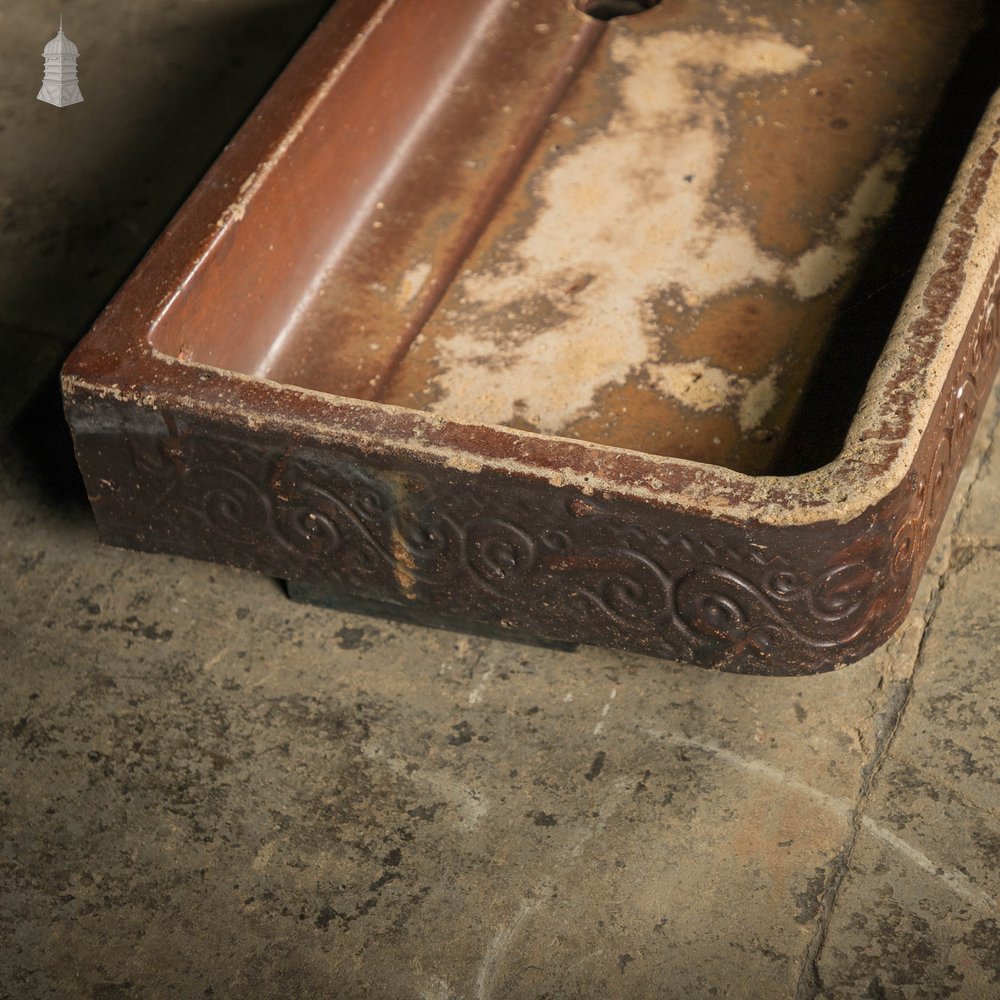 Shallow Trough Sink, 19th C Salt Glazed, Left Hand Return with Decorative Floral Design