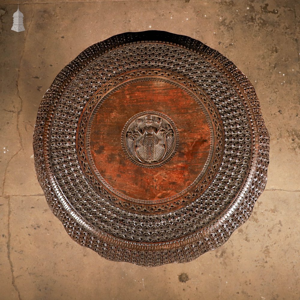 Carved Burmese Side Table, Serpent Base with Pierced Floral Circular Top