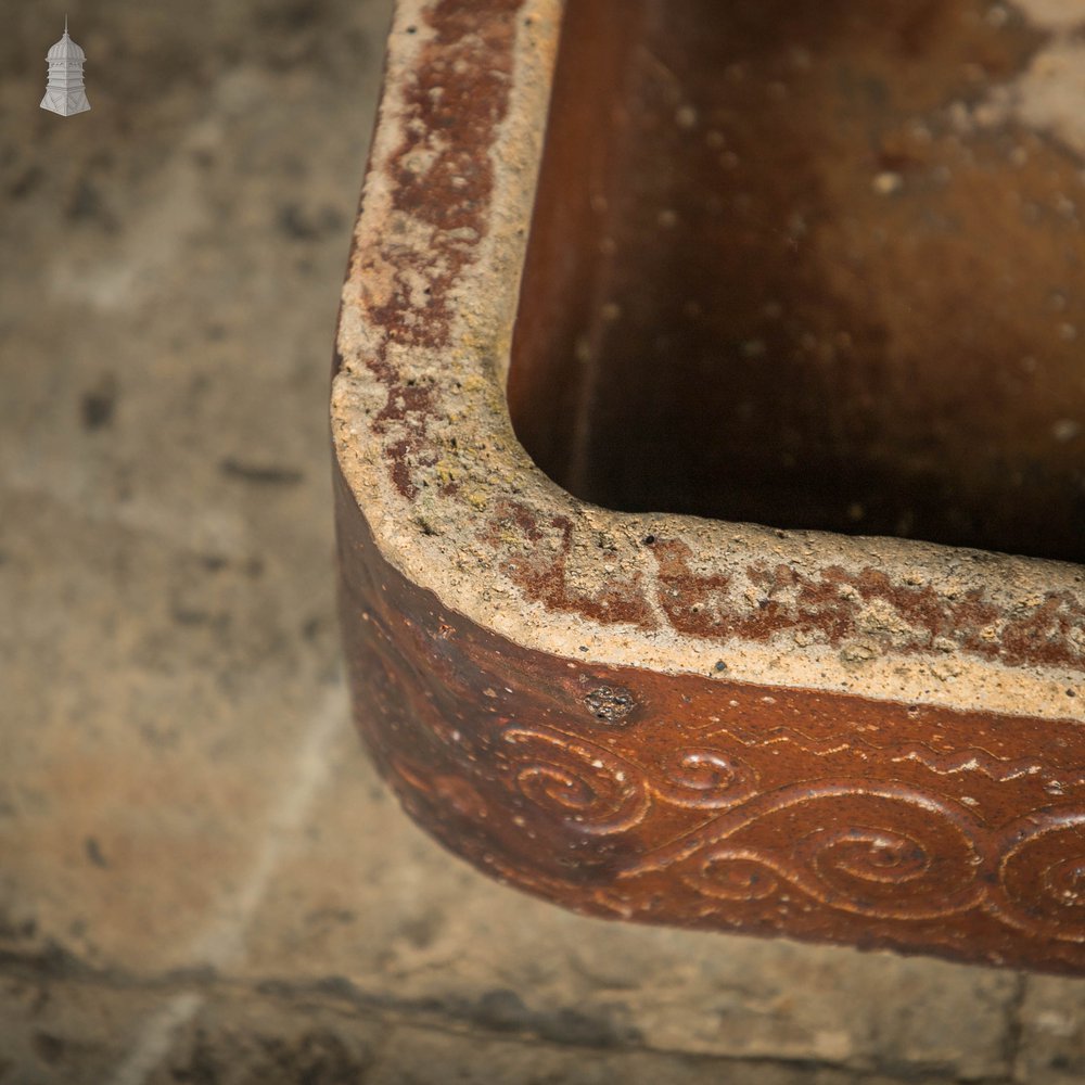 Shallow Trough Sink, 19th C Salt Glazed, Left Hand Return with Decorative Floral Design