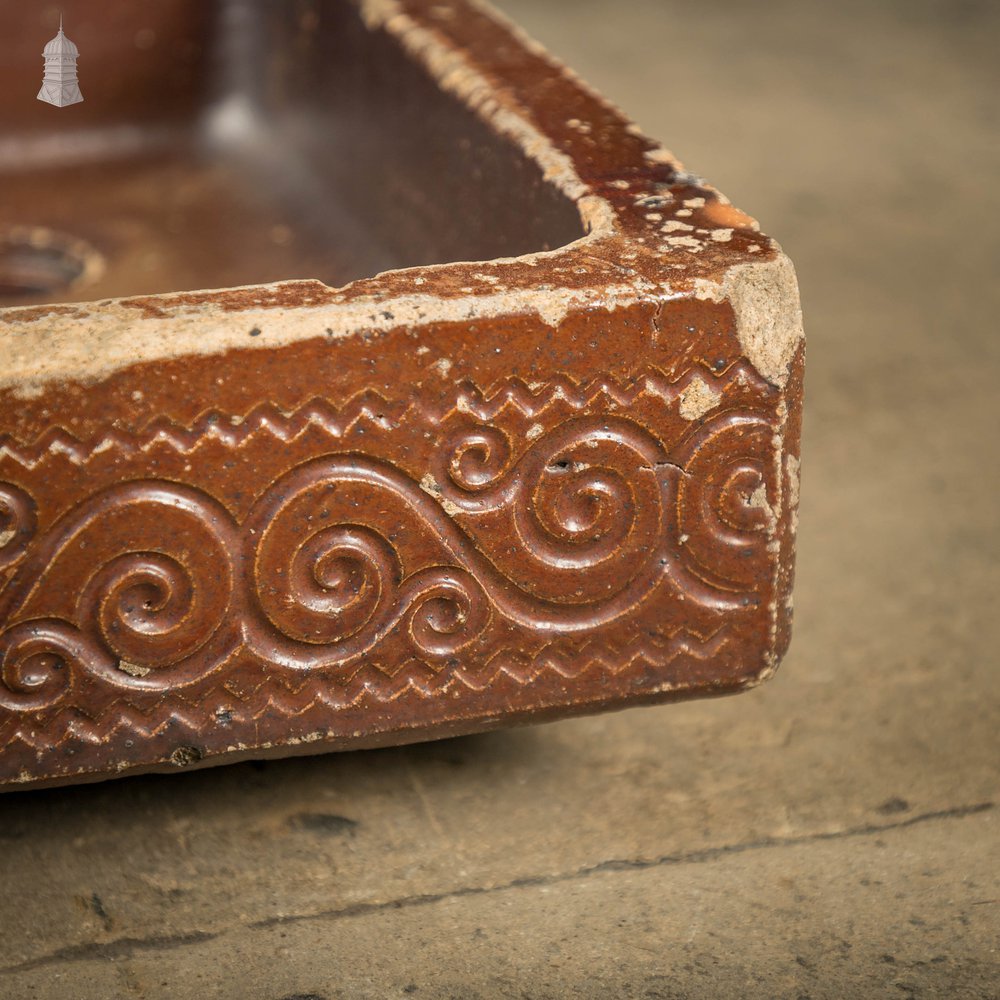 Shallow Trough Sink, 19th C Salt Glazed, Left Hand Return with Decorative Floral Design