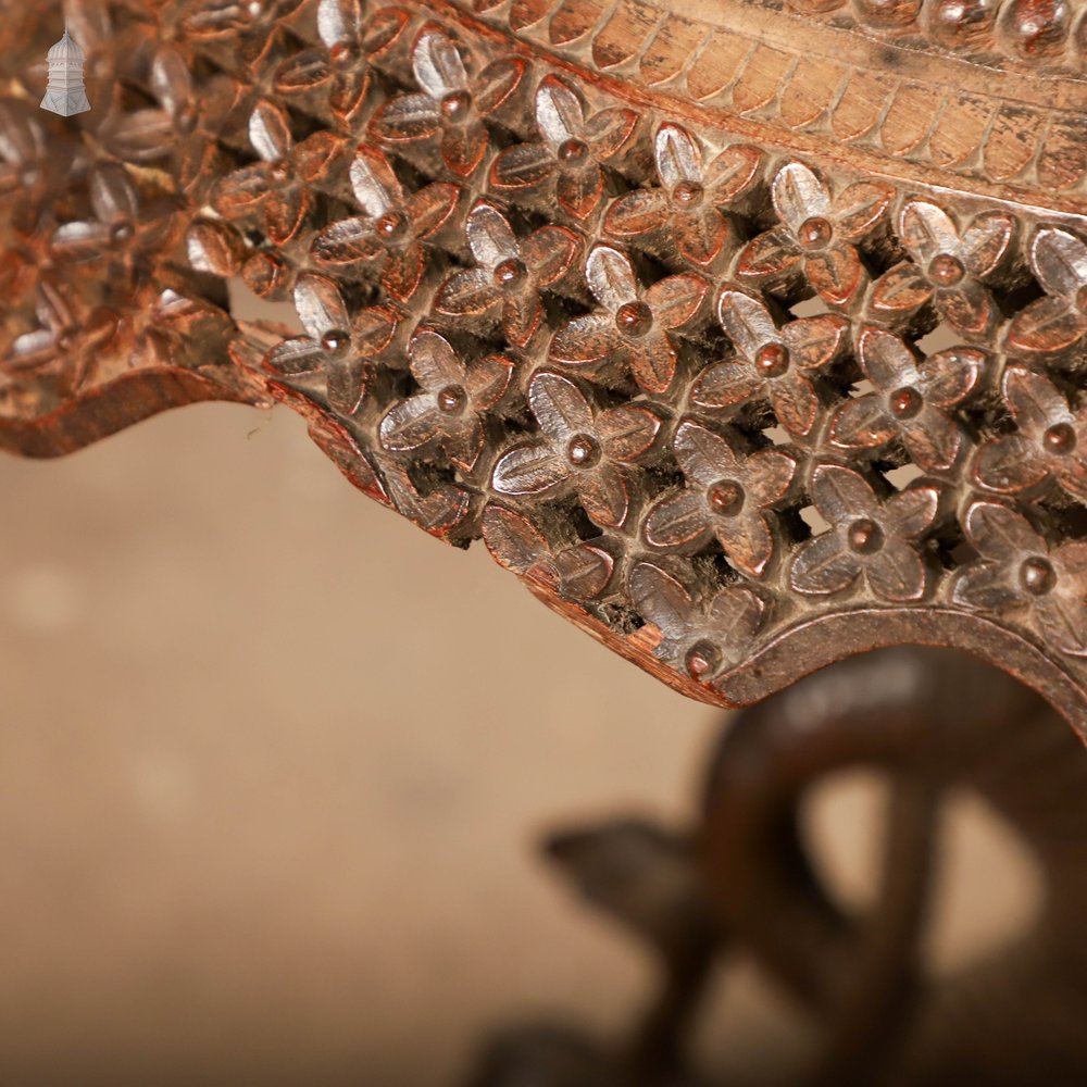 Carved Burmese Side Table, Serpent Base with Pierced Floral Circular Top