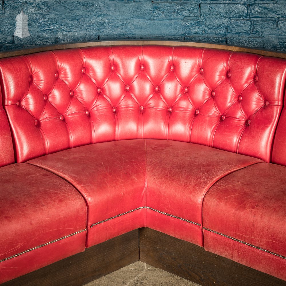 Red Button Back Leather Banquette Corner Bench Seat Reclaimed from Jamie Oliver’s Norwich Restaurant – 31 Feet Long