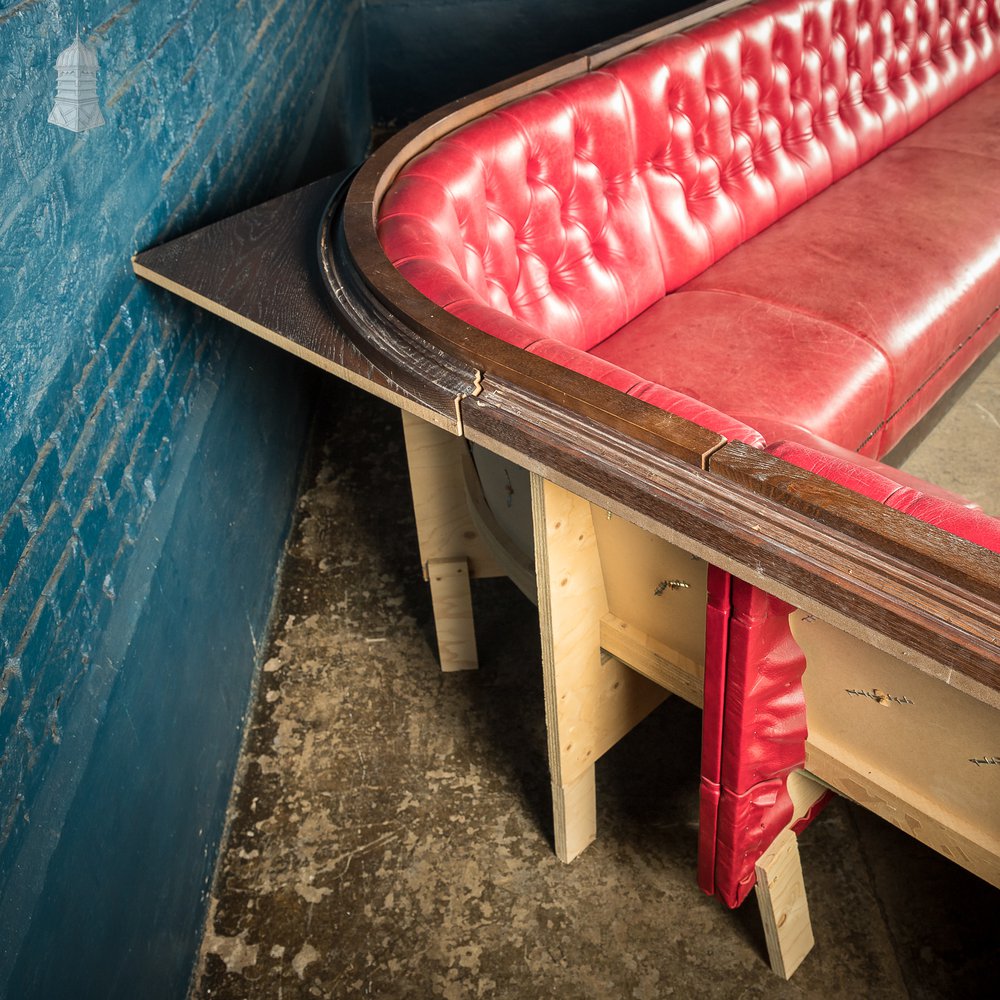 Red Button Back Leather Banquette Corner Bench Seat Reclaimed from Jamie Oliver’s Norwich Restaurant – 31 Feet Long