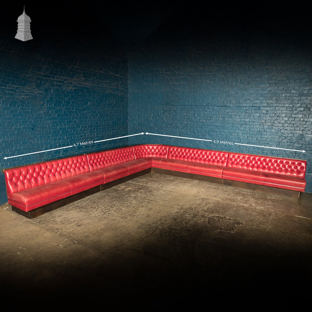 Red Button Back Leather Banquette Corner Bench Seat Reclaimed from Jamie Oliver’s Norwich Restaurant – 31 Feet Long