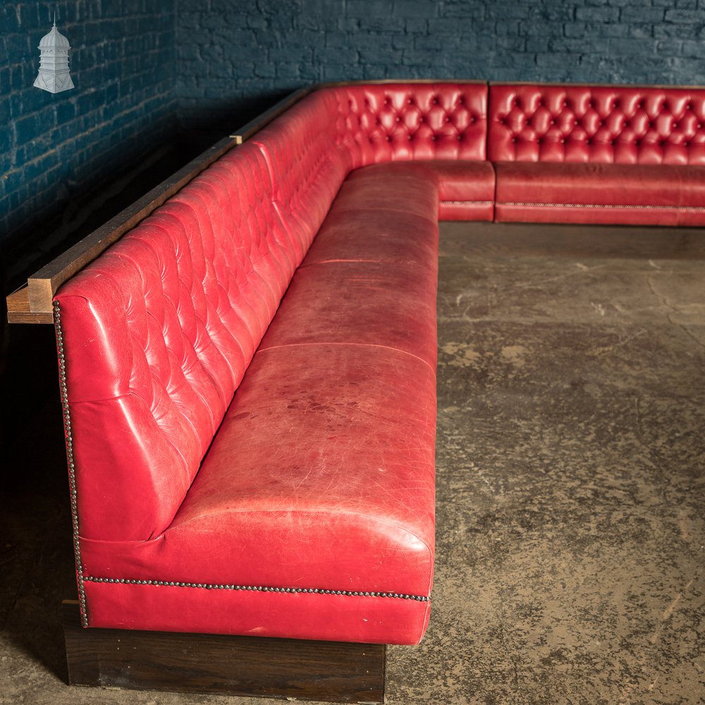 Red Button Back Leather Banquette Corner Bench Seat Reclaimed from Jamie Oliver’s Norwich Restaurant – 31 Feet Long