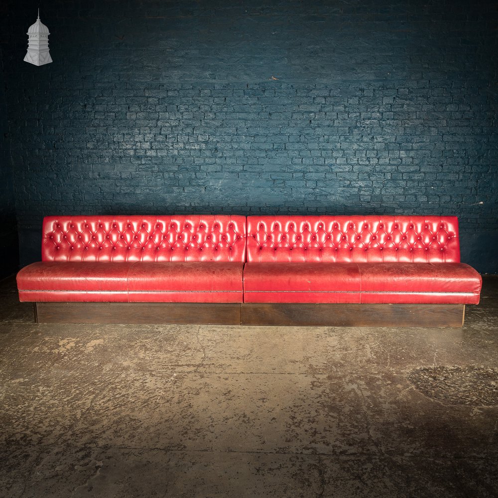 Red Button Back Leather Banquette Bench Seat Reclaimed from Jamie Oliver’s Norwich Restaurant – 12 Feet Long