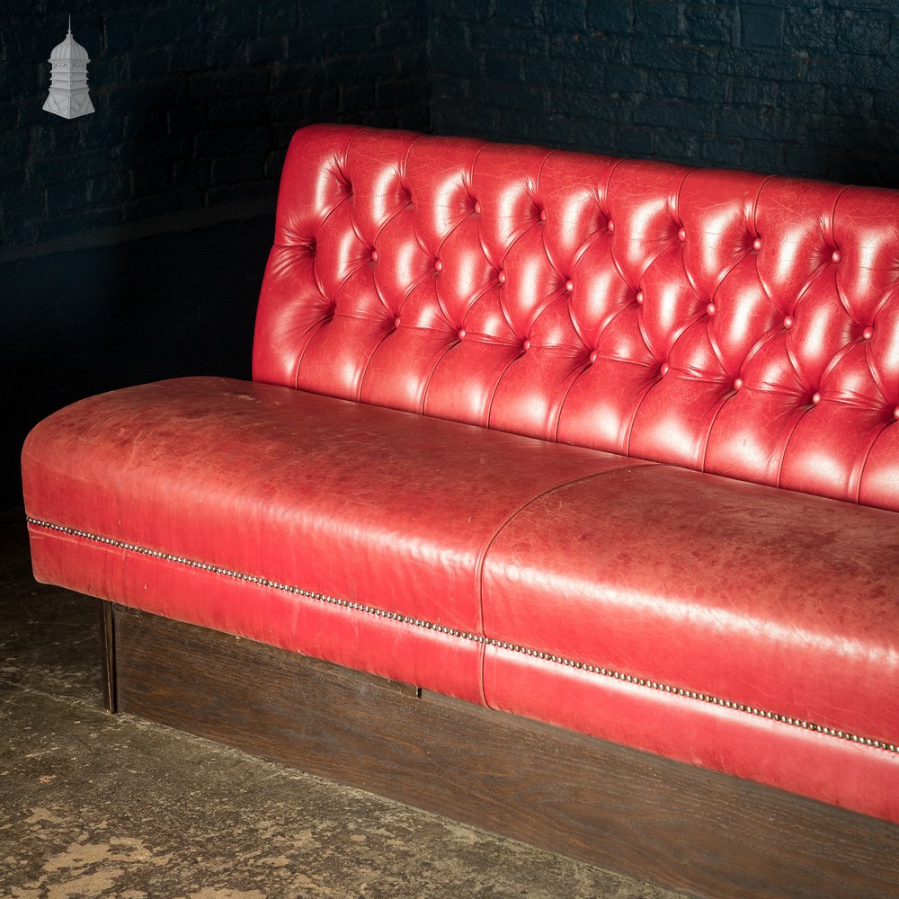 Red Button Back Leather Banquette Bench Seat Reclaimed from Jamie Oliver’s Norwich Restaurant – 12 Feet Long