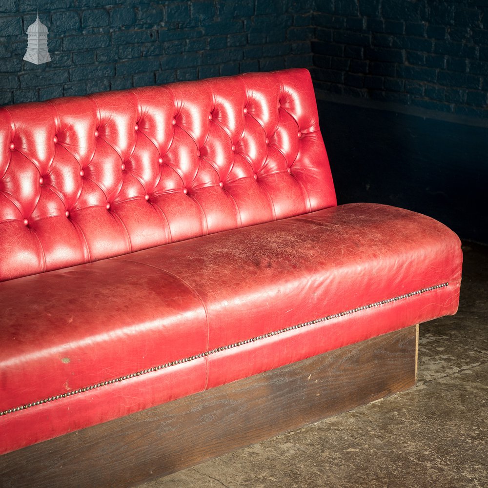 Red Button Back Leather Banquette Bench Seat Reclaimed from Jamie Oliver’s Norwich Restaurant – 12 Feet Long