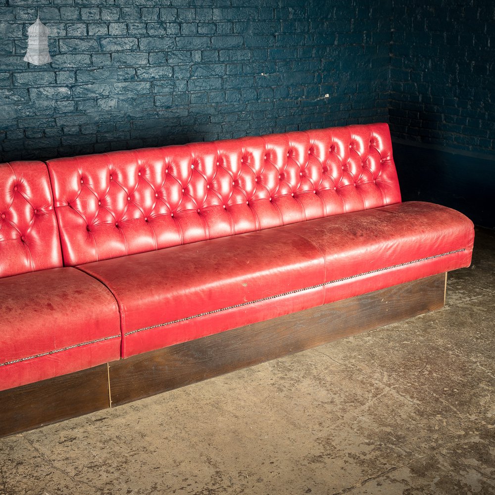 Red Button Back Leather Banquette Bench Seat Reclaimed from Jamie Oliver’s Norwich Restaurant – 12 Feet Long