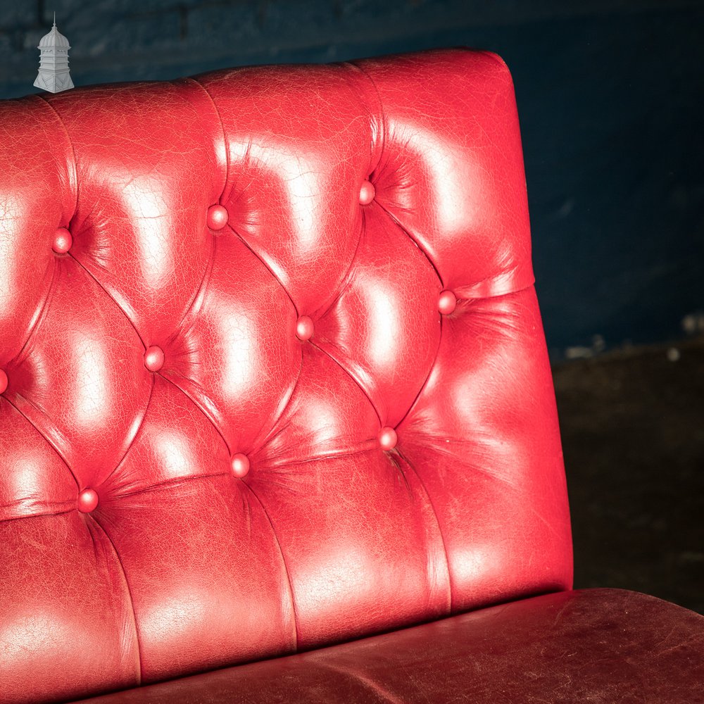 Red Button Back Leather Banquette Bench Seat Reclaimed from Jamie Oliver’s Norwich Restaurant – 12 Feet Long