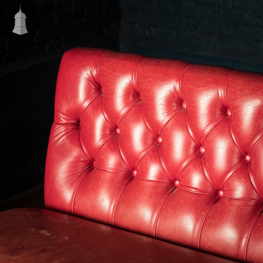Red Button Back Leather Banquette Bench Seat Reclaimed from Jamie Oliver’s Norwich Restaurant – 12 Feet Long