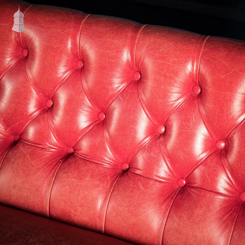 Red Button Back Leather Banquette Bench Seat Reclaimed from Jamie Oliver’s Norwich Restaurant – 12 Feet Long