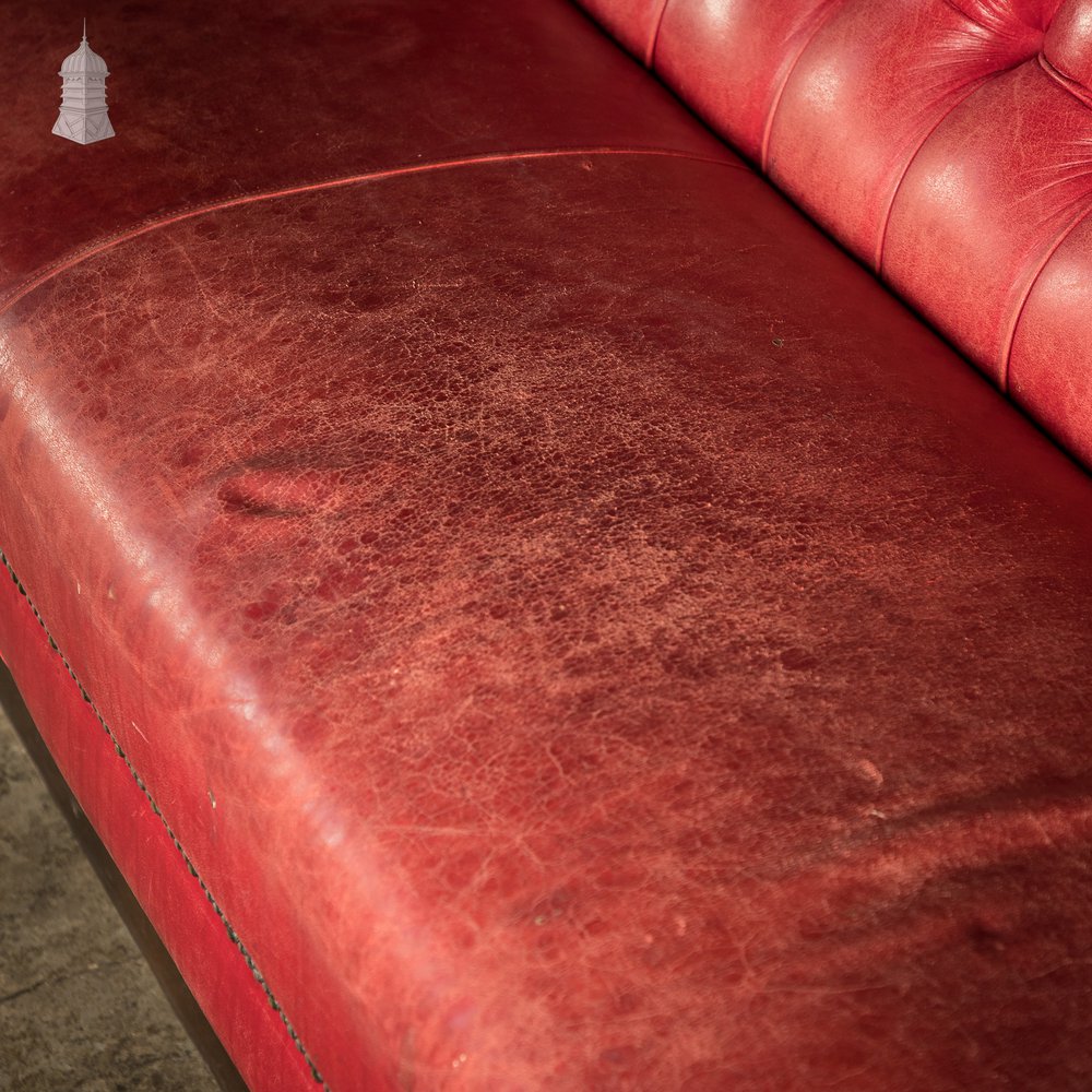Red Button Back Leather Banquette Bench Seat Reclaimed from Jamie Oliver’s Norwich Restaurant – 12 Feet Long