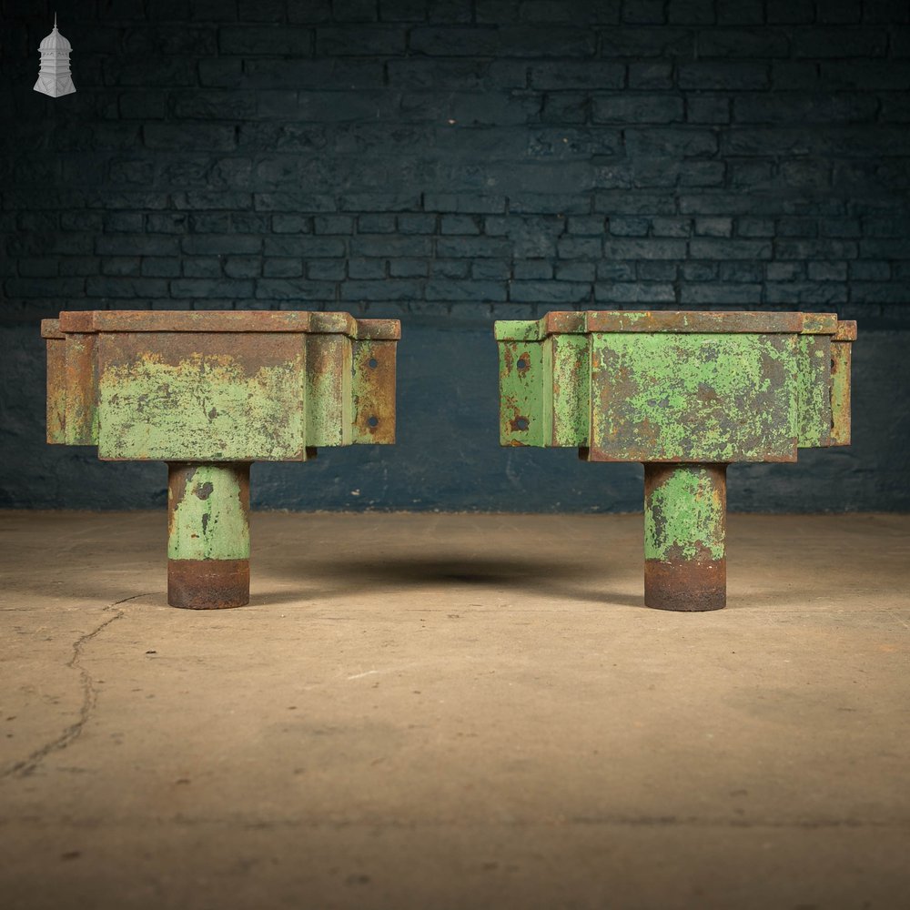 Cast Iron Rain Hoppers, Distressed Painted Pair