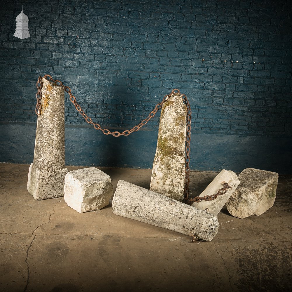 Stone Bollards & Chain, Weathered Architectual Salvage Feature.