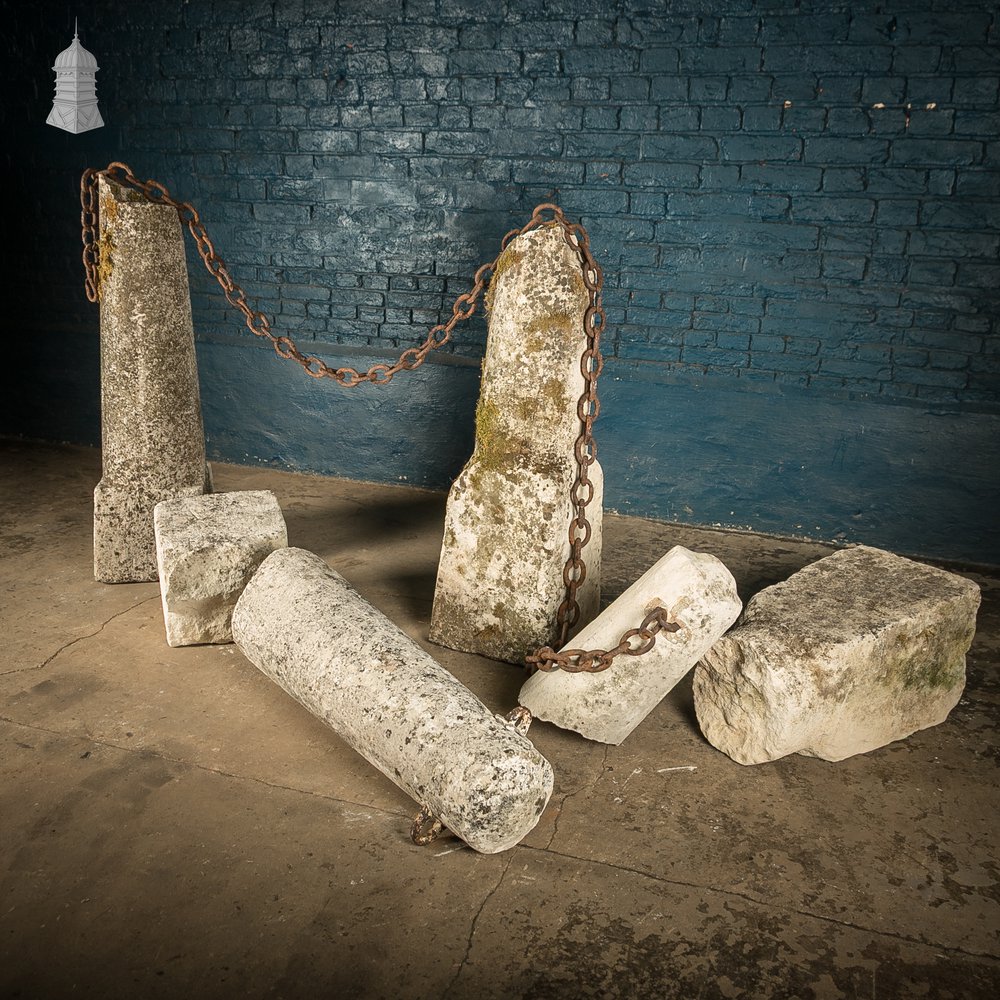 Stone Bollards & Chain, Weathered Architectual Salvage Feature.