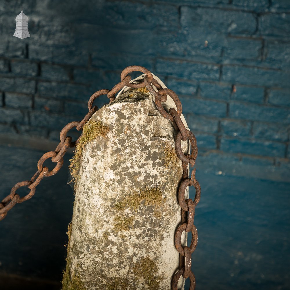 Stone Bollards & Chain, Weathered Architectual Salvage Feature.