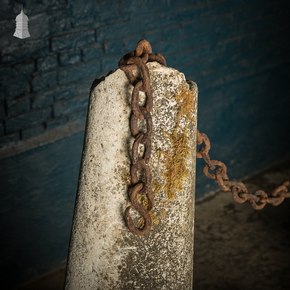 Stone Bollards & Chain, Weathered Architectual Salvage Feature.