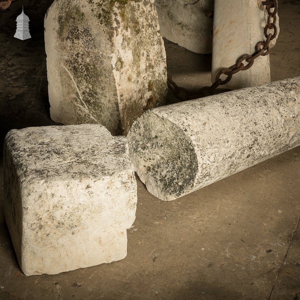 Stone Bollards & Chain, Weathered Architectual Salvage Feature.