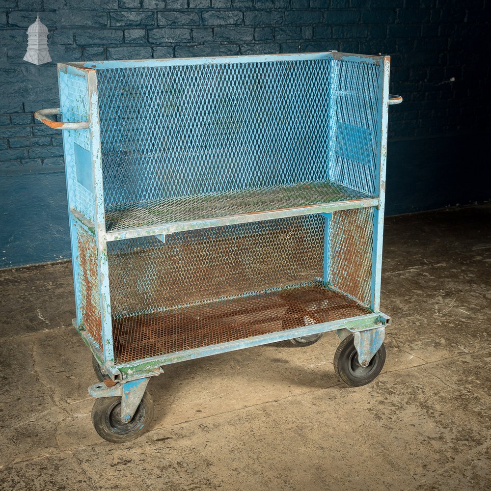 Steel Industrial Workshop Wheeled Trolley Shelf Unit with Distressed Blue Paint