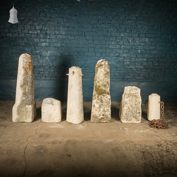 Stone Bollards & Chain, Weathered Architectual Salvage Feature.