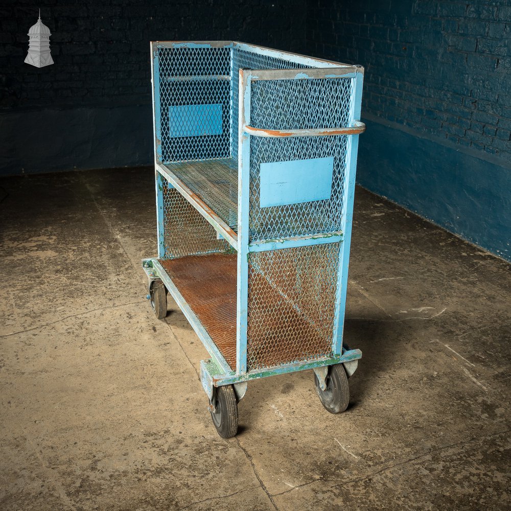 Steel Industrial Workshop Wheeled Trolley Shelf Unit with Distressed Blue Paint