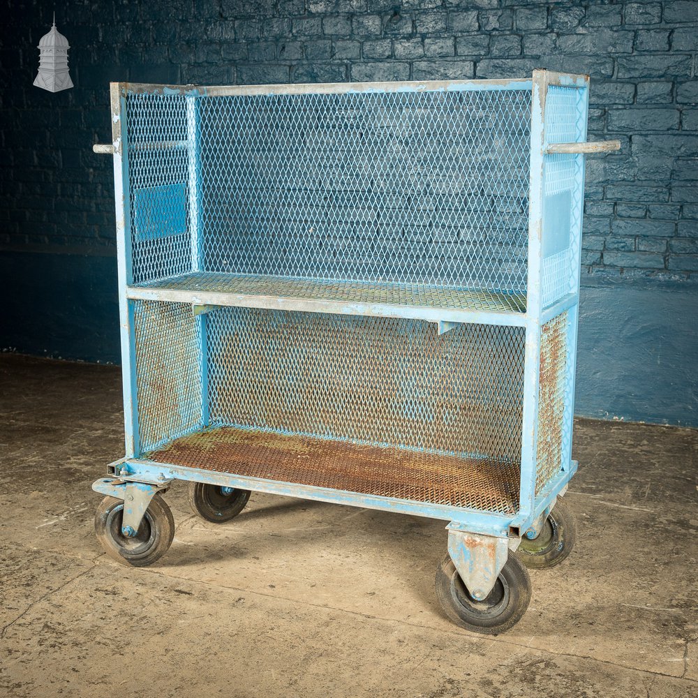 Blue Painted Steel Industrial Workshop Wheeled Trolley Shelf Unit