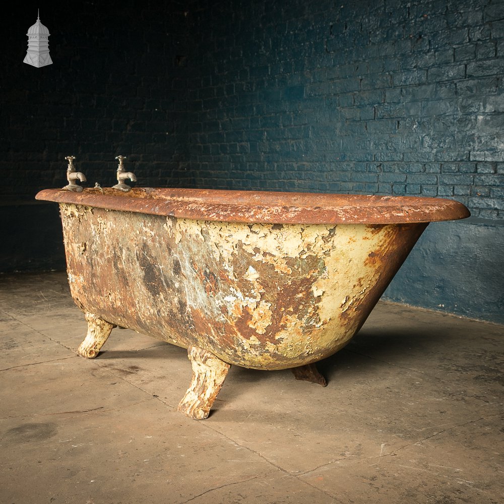 Roll Top Bath, Distressed Cast Iron with Original Taps