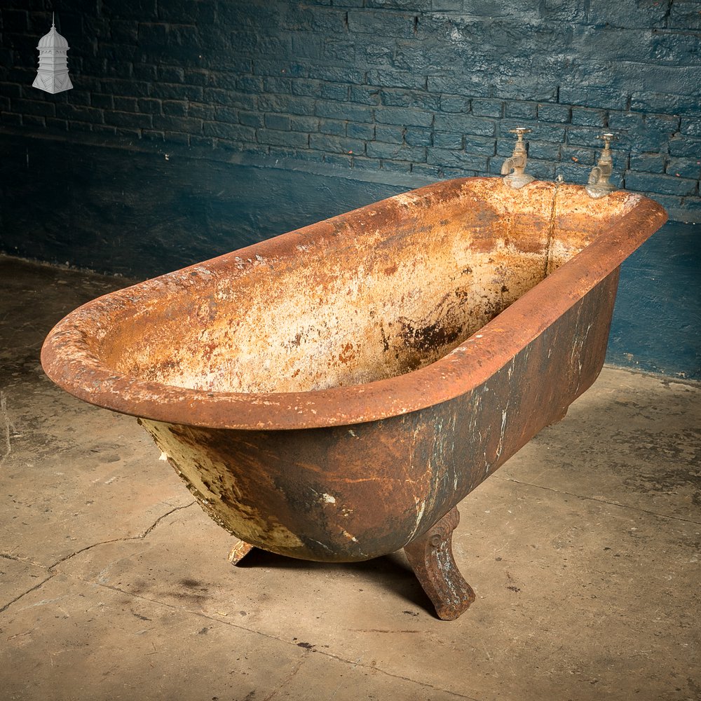 Roll Top Bath, Distressed Cast Iron with Original Taps