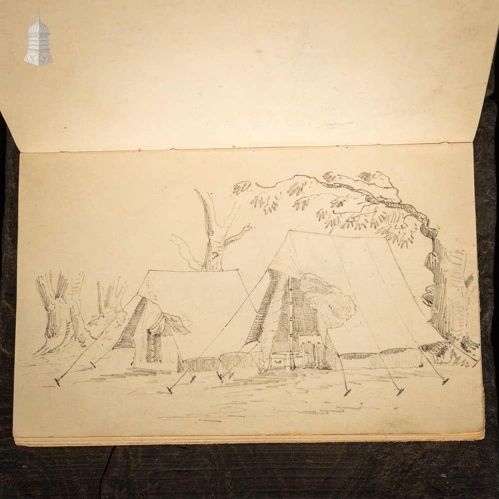 Small 19th C Red Leather-Bound Journal Documenting a Hunting Trip to India with Hand Drawn Sketches