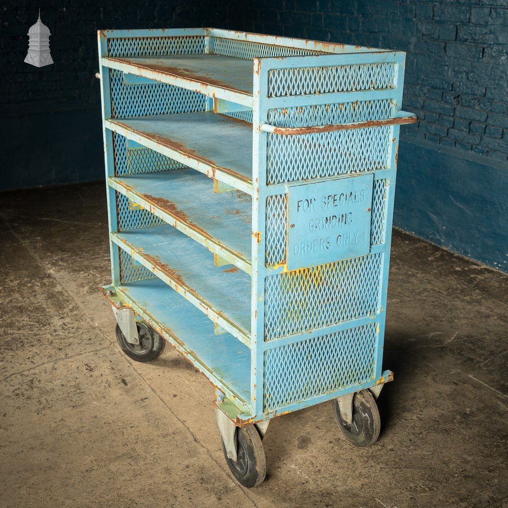 Blue Painted Steel Industrial Workshop Wheeled Trolley Shelf Unit