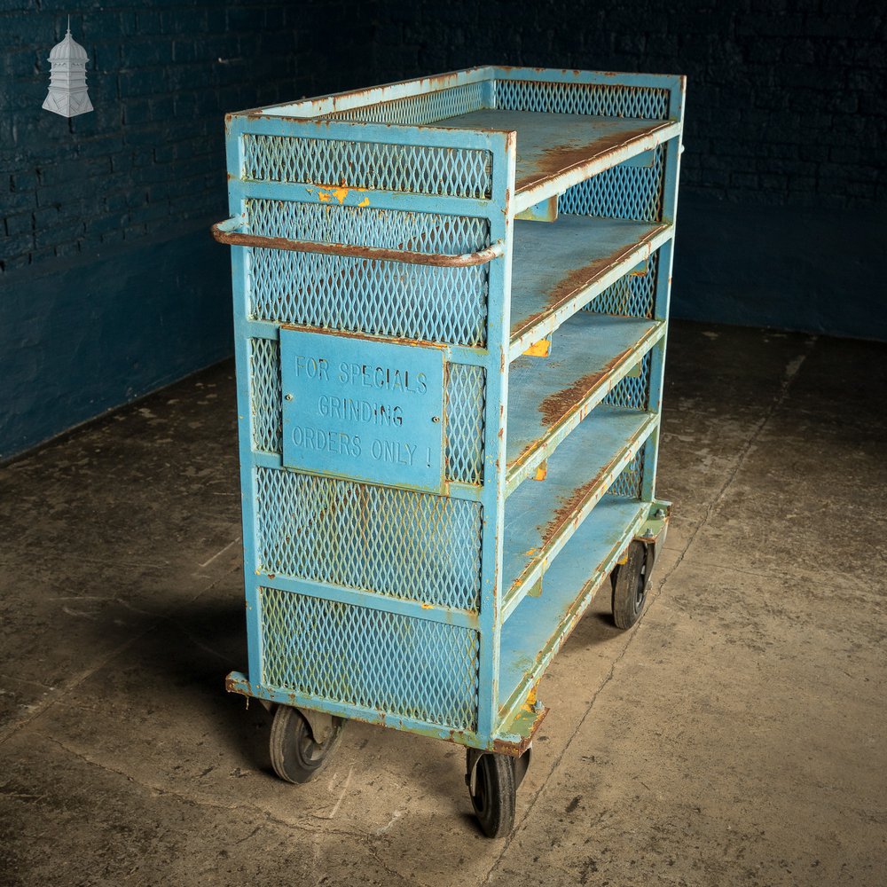 Blue Painted Steel Industrial Workshop Wheeled Trolley Shelf Unit