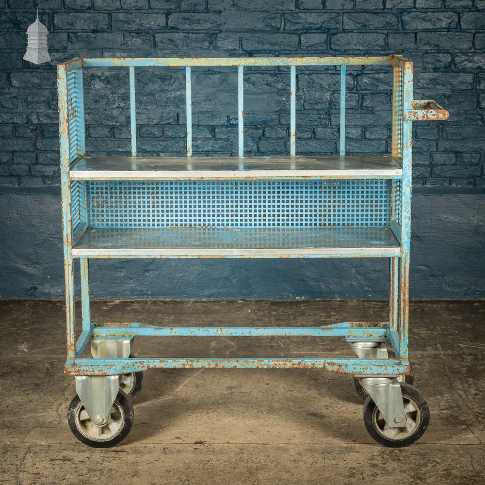 Blue Painted and Stainless Steel Industrial Workshop Wheeled Trolley