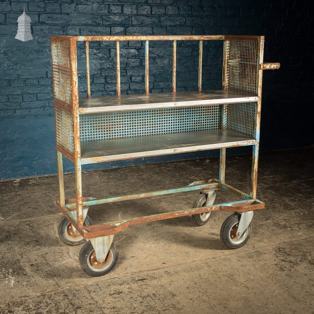 Blue Painted and Stainless Steel Industrial Workshop Wheeled Trolley