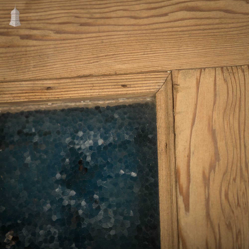 Glazed Pine Door, 4 Panel 19th C Pitch Pine with ‘Hammered’ Style Textured Glass