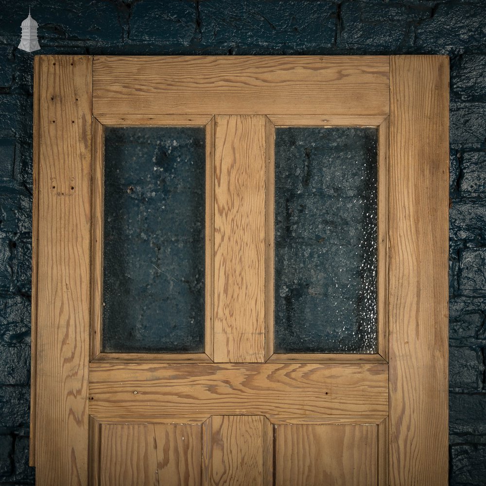 Glazed Pine Door, 4 Panel 19th C Pitch Pine with ‘Hammered’ Style Textured Glass