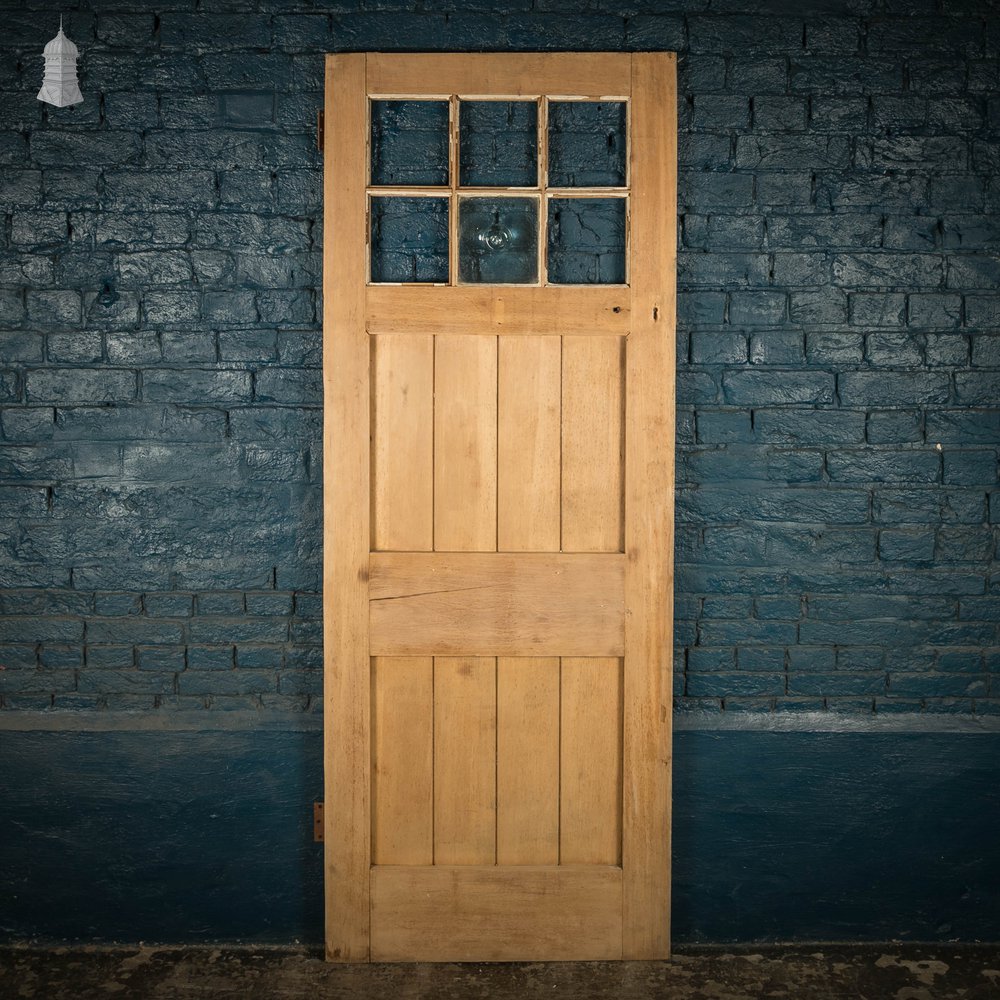 Framed Plank Glazed Pine Door, Edwardian with Bullseye Glass