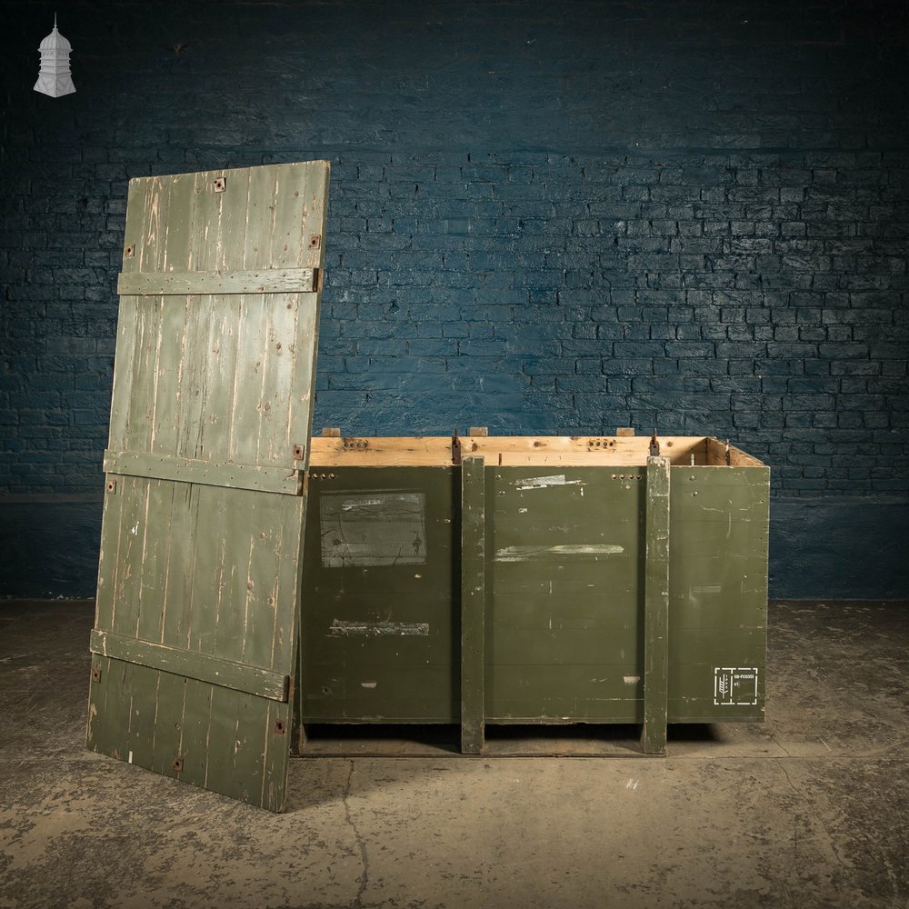 Military Shipping Crates, Pair of Green painted Wooden Aircraft Part Shipping Boxes Reclaimed from a Norfolk RAF Base